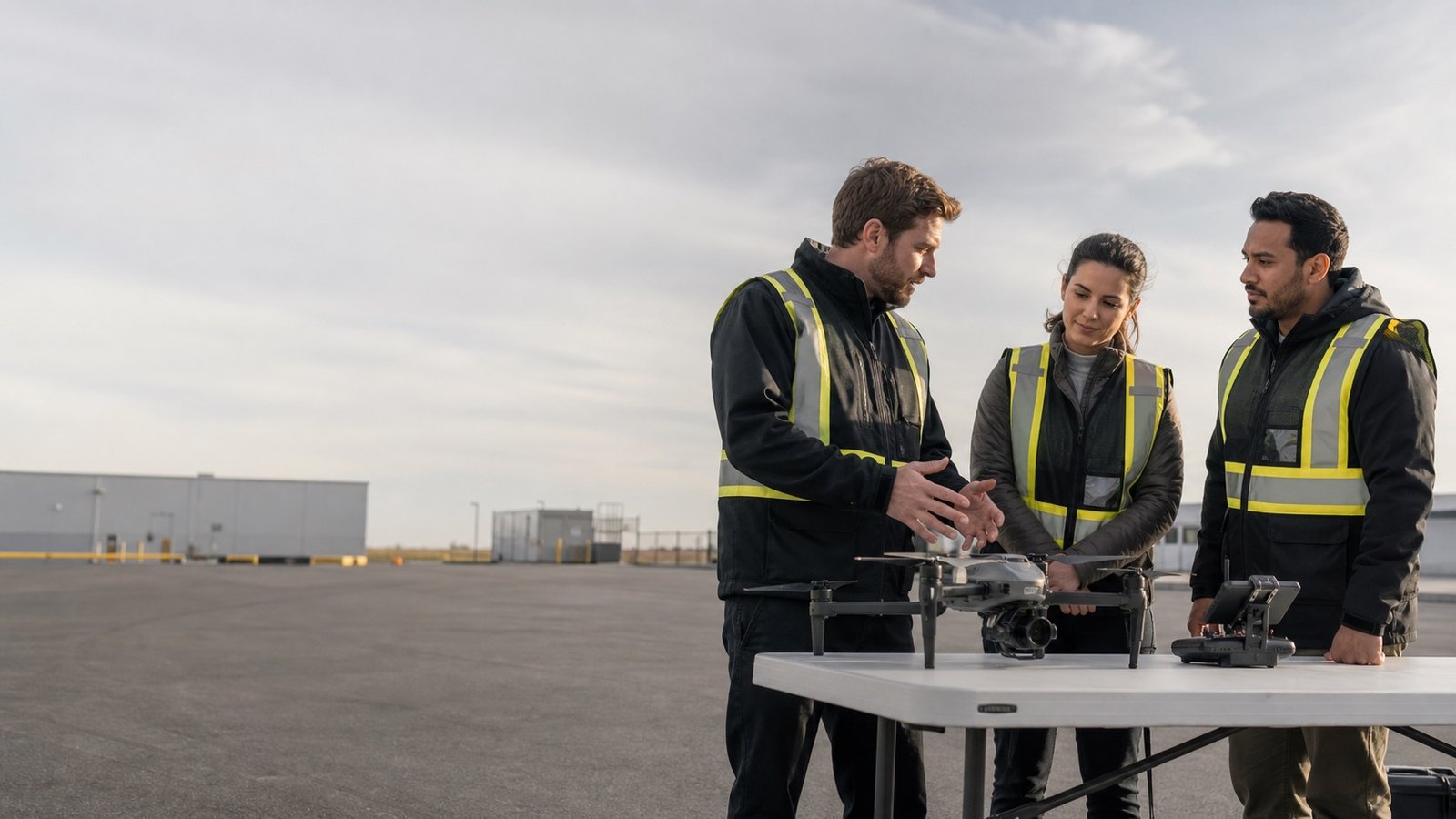 Drone instructor coaching two adult students beside a drone at their worksite