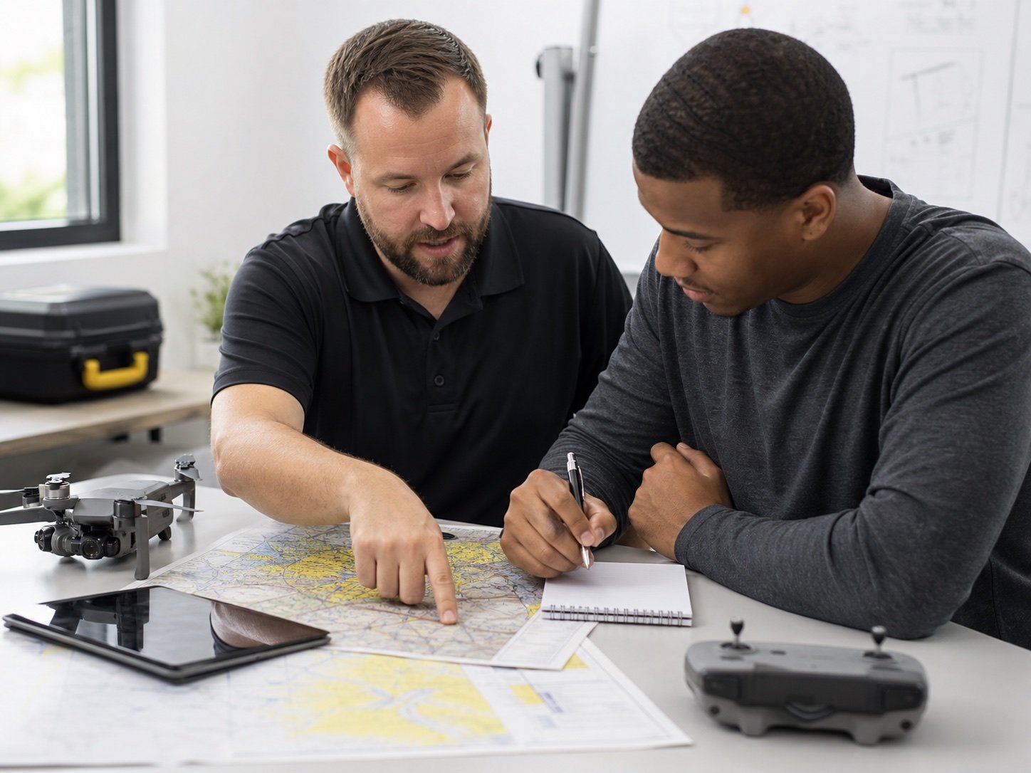 Instructor guiding a learner through an aeronautical chart during Part 107 preparation