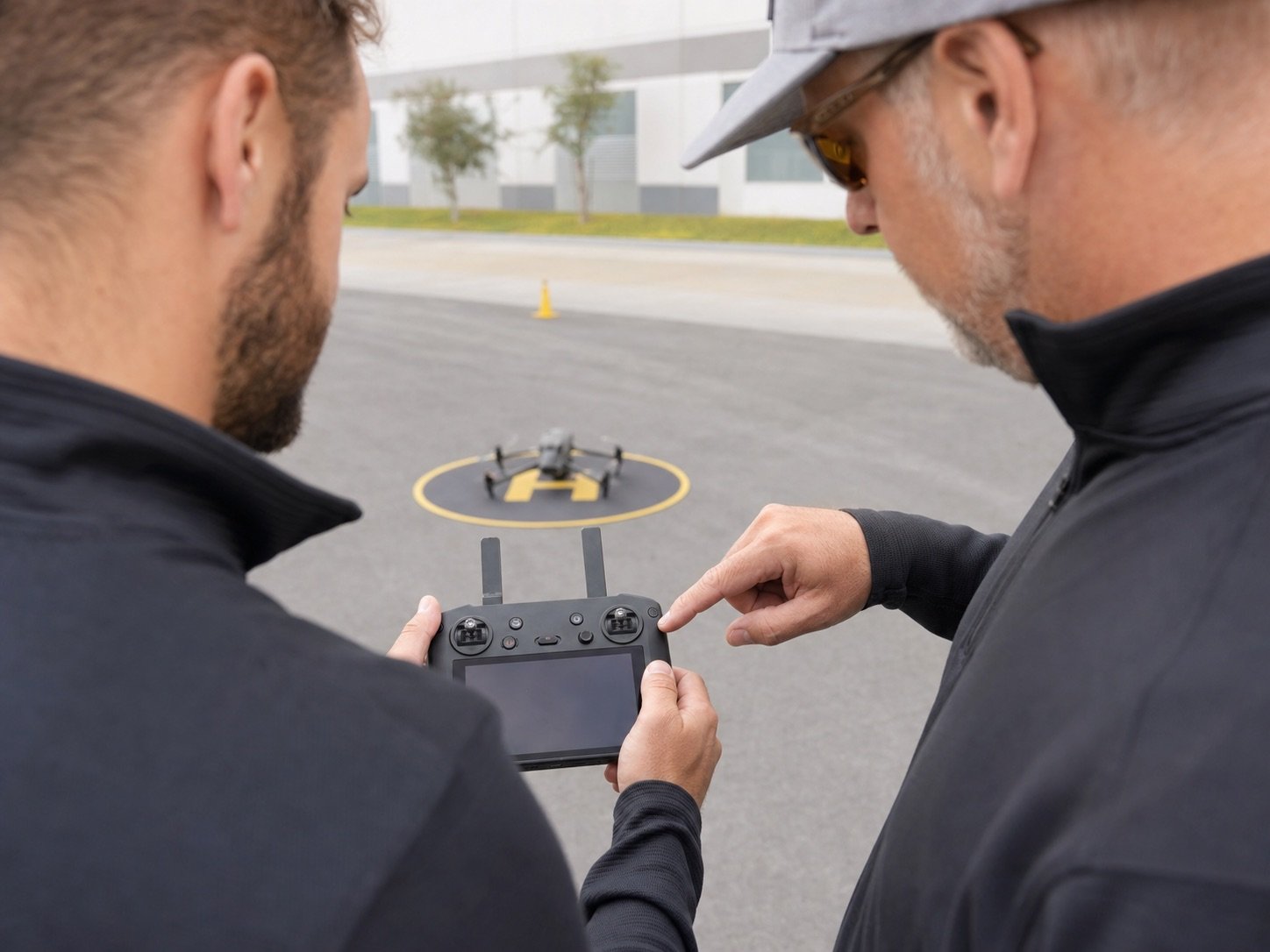 Instructor pointing to a drone controller while coaching a student at an outdoor training site
