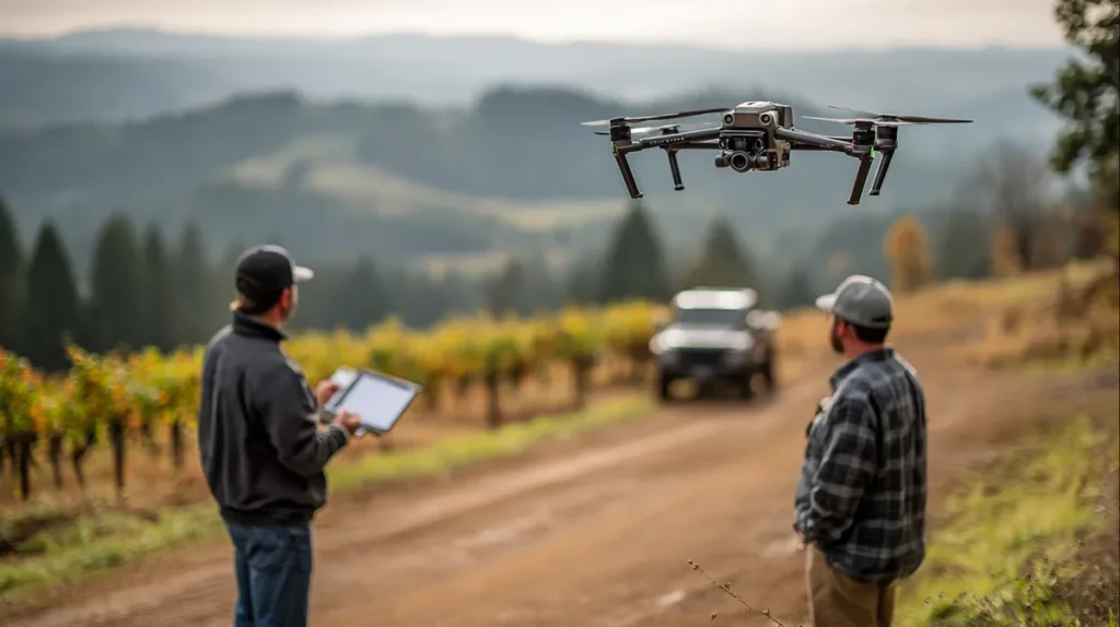 Supervisor and drone pilot with a tablet on a hillside vineyard road watching a DJI Mavic 3 Multispectral survey the vine rows before a spray operation