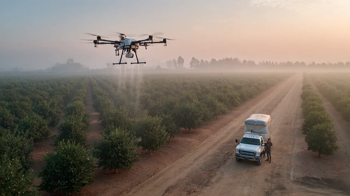 DJI Agras spray drone applying a fine mist over rows of an almond orchard at sunrise while a pilot stands by a pickup truck on the field road