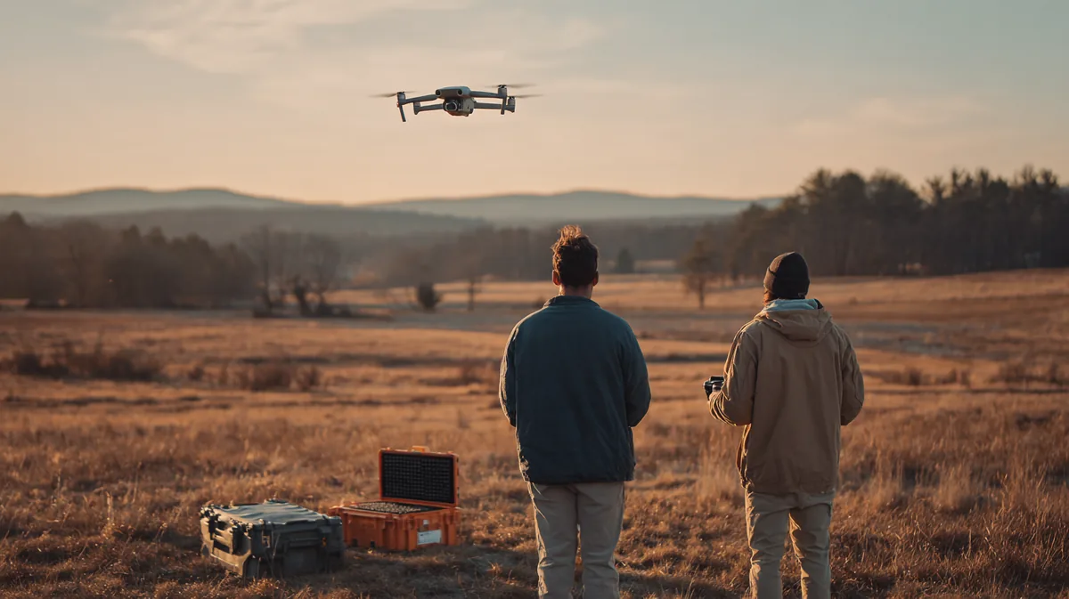 Remote pilot and visual observer seen from behind in an open field watching a DJI Air 3S drone in flight over farmland at golden hour