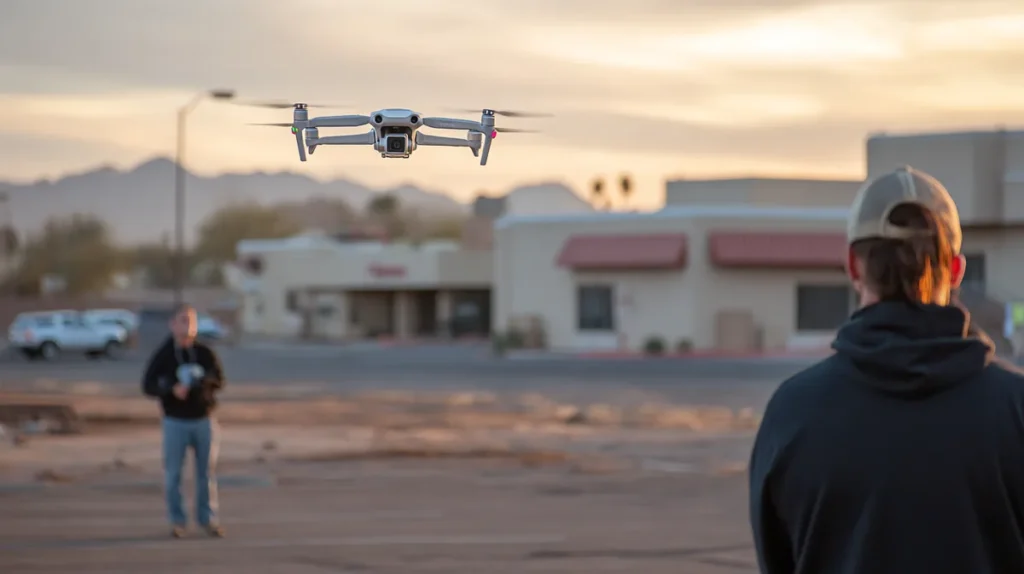 Drone pilot flying a DJI Air 3 at low altitude over a business park while a visual observer watches