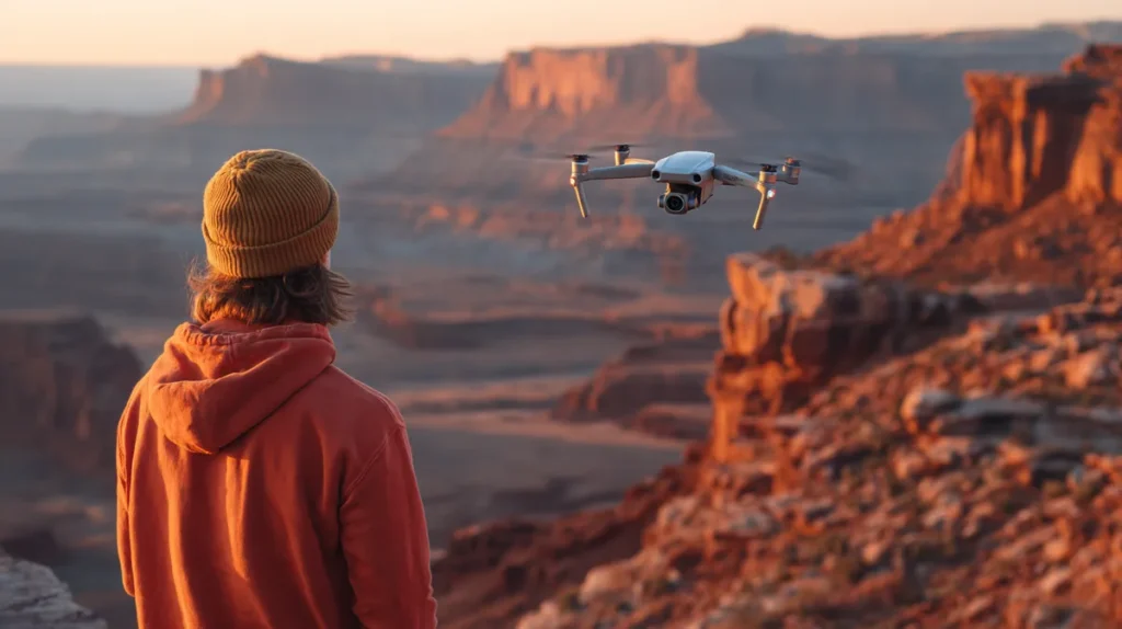 Drone pilot flying a DJI Air 3 over red rock canyon on BLM land in southern Utah