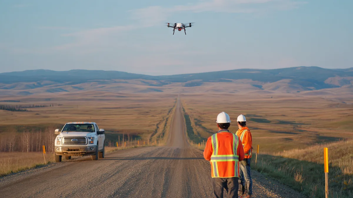 Remote pilot and visual observer seen from behind beside a work truck on a gravel access road as a DJI Matrice 350 RTK drone flies along a pipeline corridor into the distance