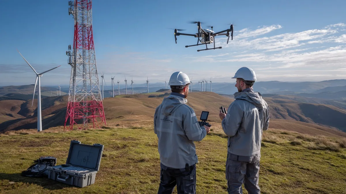 Two-person drone crew seen from behind on a grassy hilltop watching a DJI Matrice 350 RTK drone fly near a tall lattice communications tower, with wind turbines on a distant ridge
