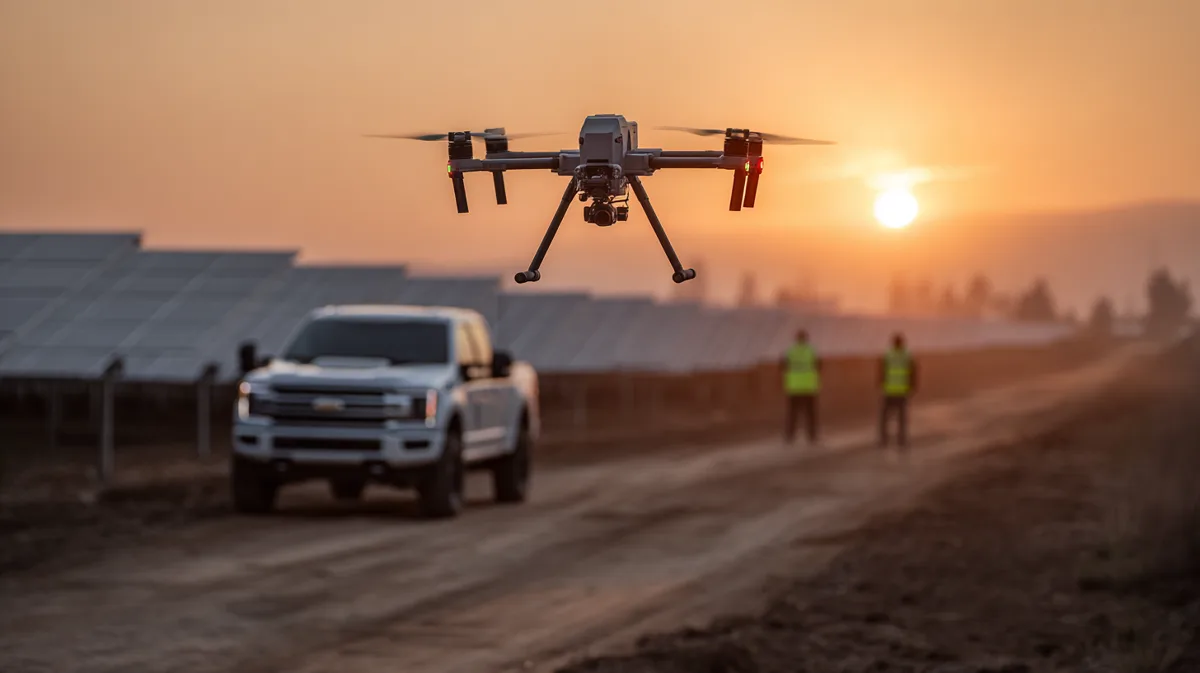 DJI Matrice 350 RTK flying over a solar farm at sunrise while a drone crew stands beside a pickup truck