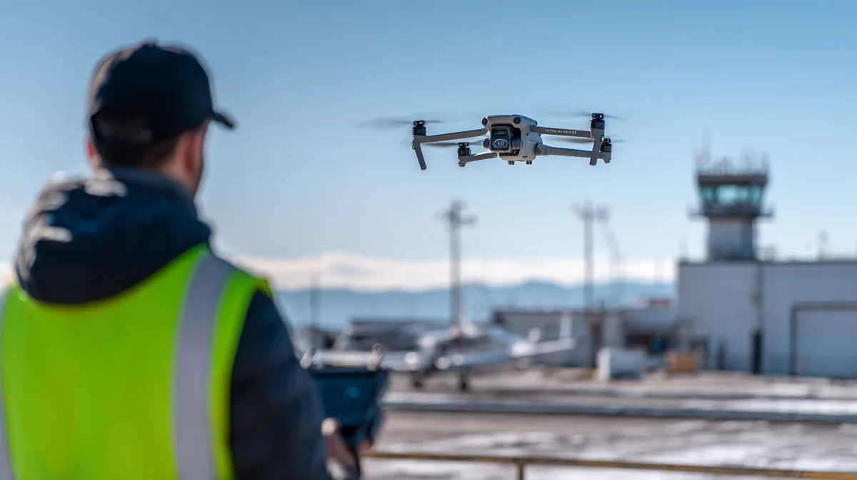 Drone pilot in a hi-vis vest flying a DJI Matrice 4T with an airport control tower in the background