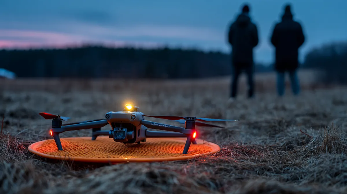 DJI Mavic 3 Enterprise drone on an orange landing pad at dusk with its anti-collision strobe lit, a remote pilot and visual observer standing at a distance behind it