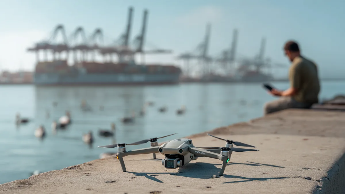 DJI Mavic 3 Pro on a landing pad on a Florida seawall walkway while a remote pilot plans the flight, with seaport cranes far across the bay