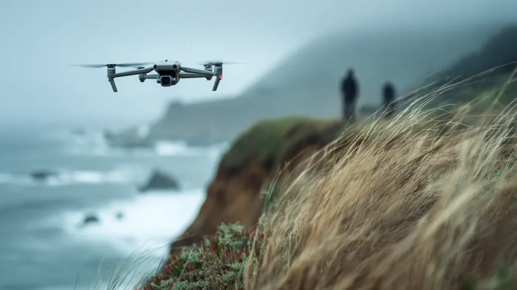 DJI Mavic 3 Pro holding position in strong wind above a California coastal bluff