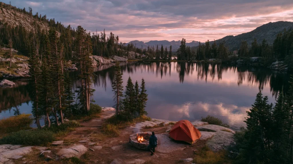 Campsite beside a Colorado alpine lake with a DJI Mini 4 Pro flying overhead