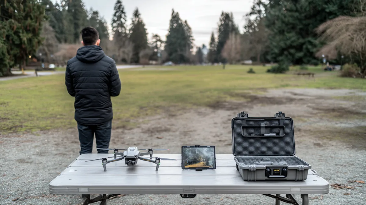Drone pilot checking aircraft eligibility beside a DJI Mavic 3 Pro, a tablet and an open equipment case on a field table at the edge of a park before a job near people
