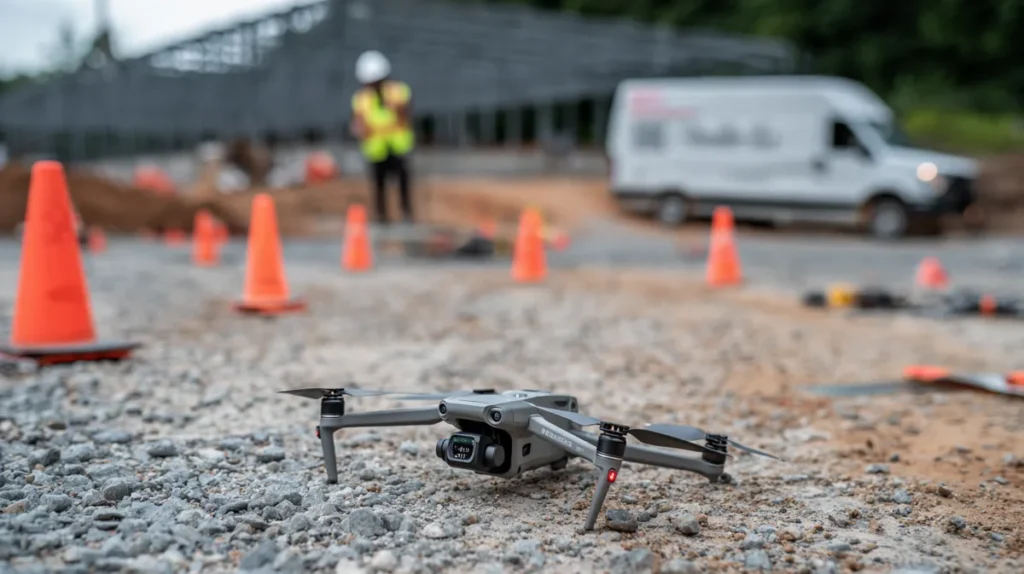 DJI drone grounded on a gravel construction lot after a hard landing, with orange safety cones and a remote pilot in a high-visibility vest in the background
