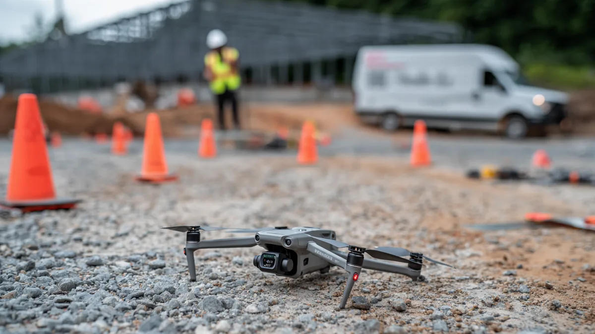 DJI drone grounded on a gravel construction lot after a hard landing, with orange safety cones and a remote pilot in a high-visibility vest in the background