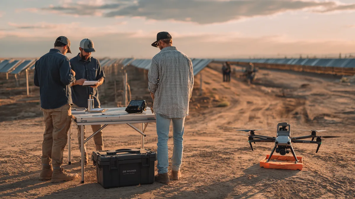 Three-person drone crew holding a preflight briefing at a folding field table beside a solar farm, with a DJI Mavic 3 Enterprise drone on an orange landing pad nearby