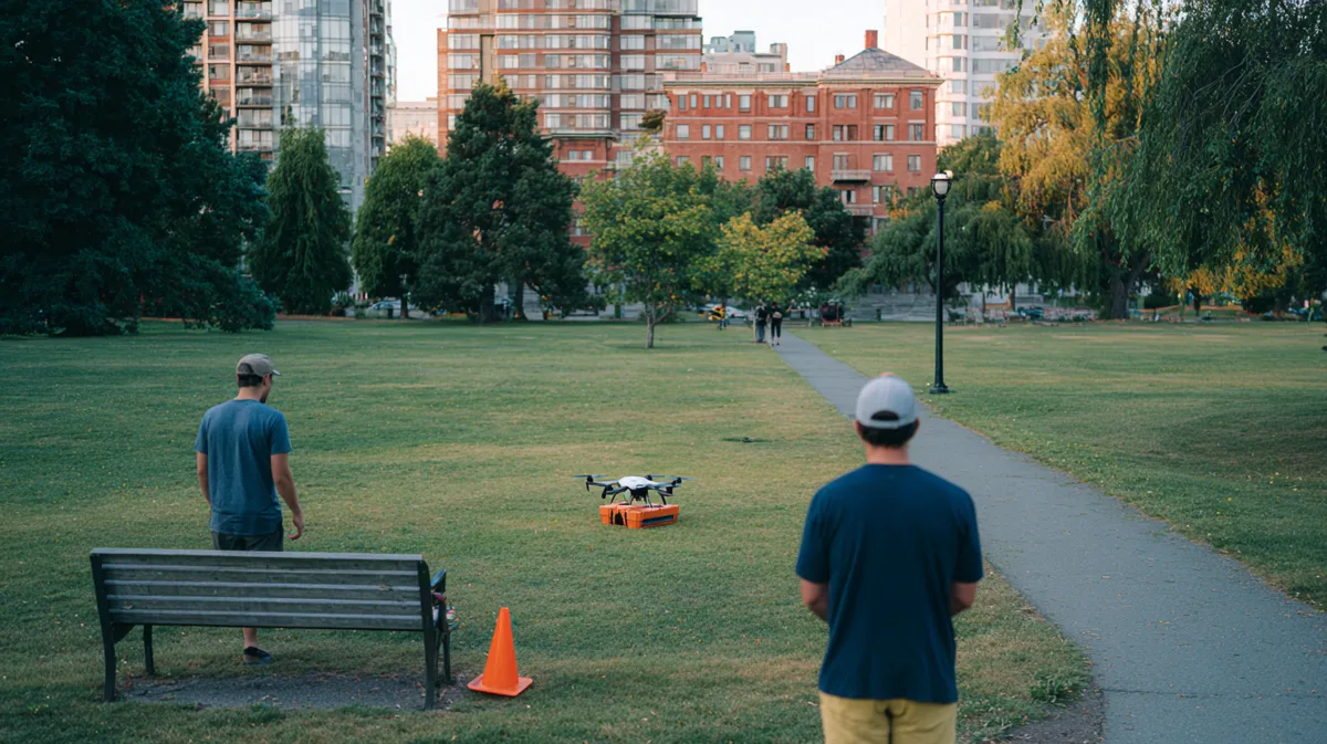 Two-person drone crew in a city park standing back from a grounded drone, with an orange safety cone placed near a bench