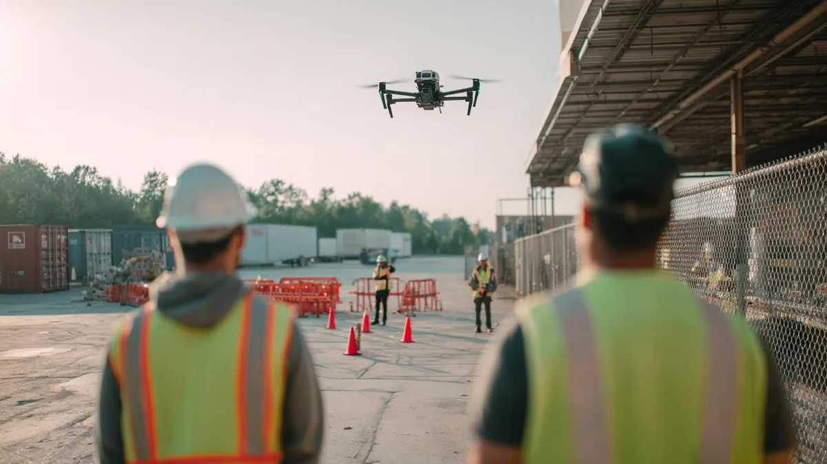 Drone pilot and visual observer in hi-vis vests watching a DJI Matrice 4E fly over a coned-off restricted-access industrial yard with workers standing well clear