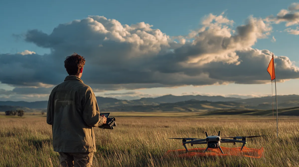 Remote pilot seen from behind in an open grass field checking weather conditions, with a DJI Mavic 3 Pro on a landing pad, an orange windsock and building cumulus clouds