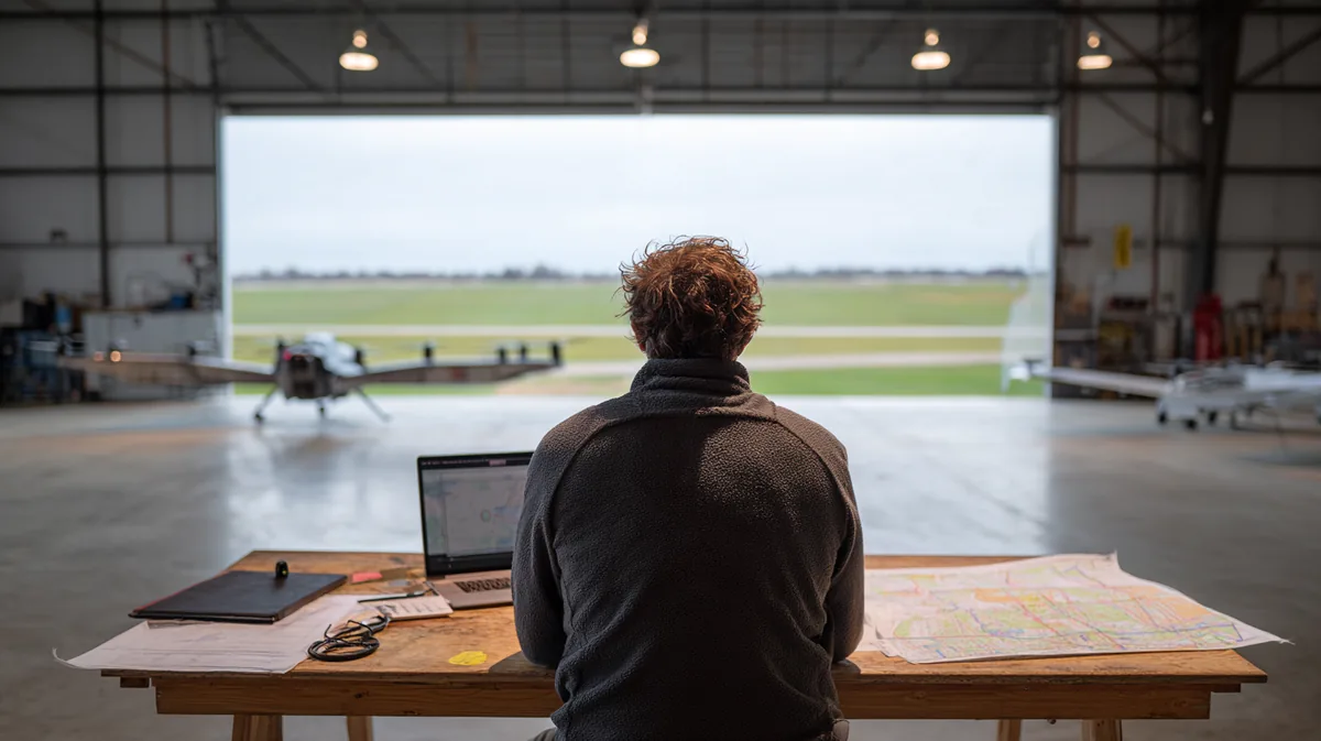 Drone program manager seen from behind at a workbench in an open hangar reviewing an operations plan on a laptop, with a DJI Matrice 4T drone and a printed map beside the laptop