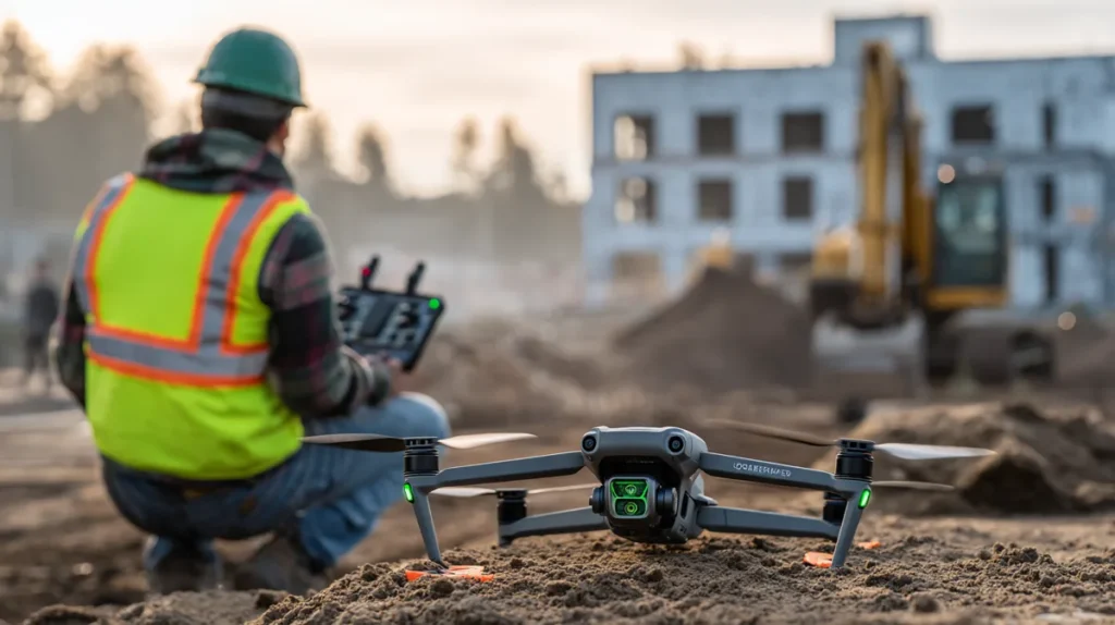 Commercial drone pilot running a Remote ID preflight check on a DJI Mavic 3 Enterprise at a construction site before takeoff