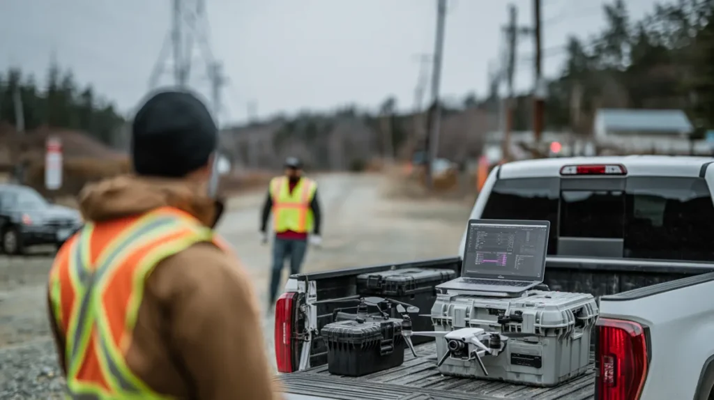 Drone program manager updating Remote ID registration records on a laptop beside a DJI Matrice 4E and a DJI Mini 4 Pro on a truck tailgate