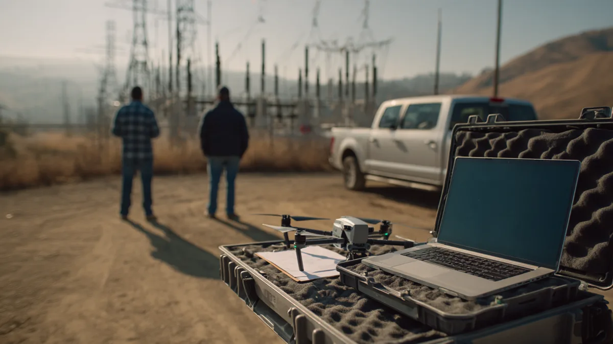 Remote pilot and safety manager near an electrical substation, with a DJI drone, blank clipboard and laptop in an open hard case in the foreground