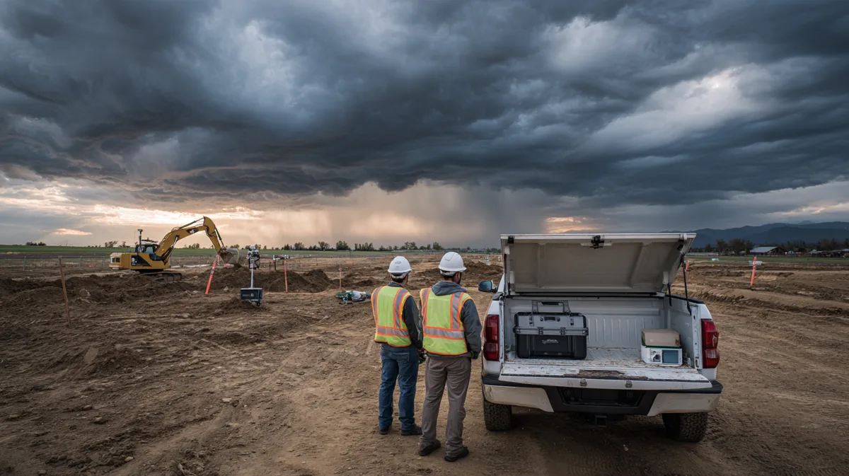 Two-person drone survey crew in hard hats beside a pickup truck with a closed drone hard case on the tailgate, watching a rain shower approach a construction site