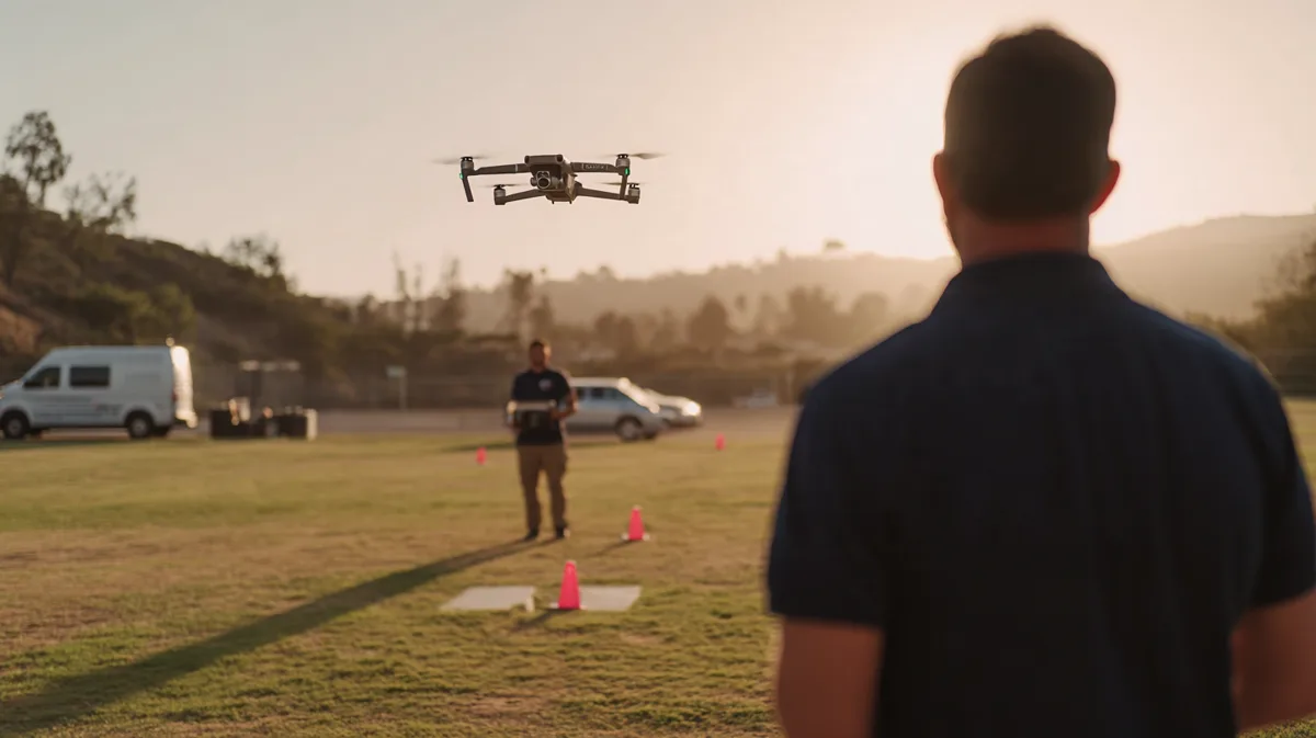 Drone training instructor watching a student pilot fly a DJI Mavic 3 Pro on an outdoor training field marked with cones