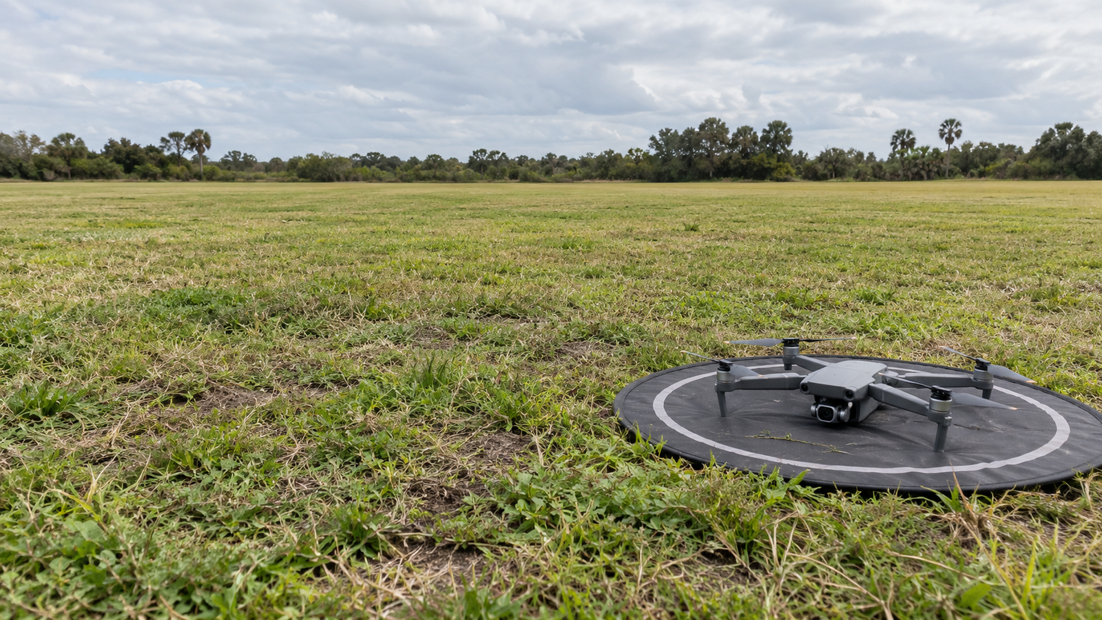 Illustrative quadcopter resting on a landing mat in an open Florida practice field