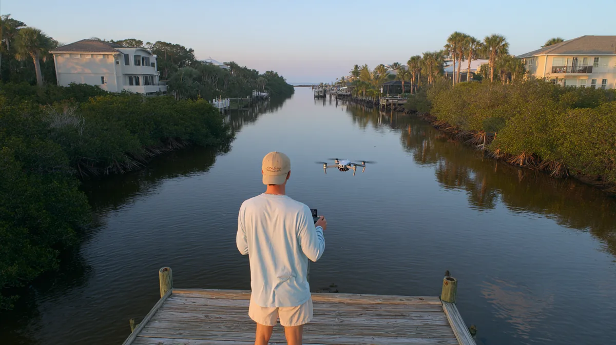 Drone pilot seen from behind on a private wooden dock flying a DJI Air 3S over a mangrove-lined Florida canal at sunrise