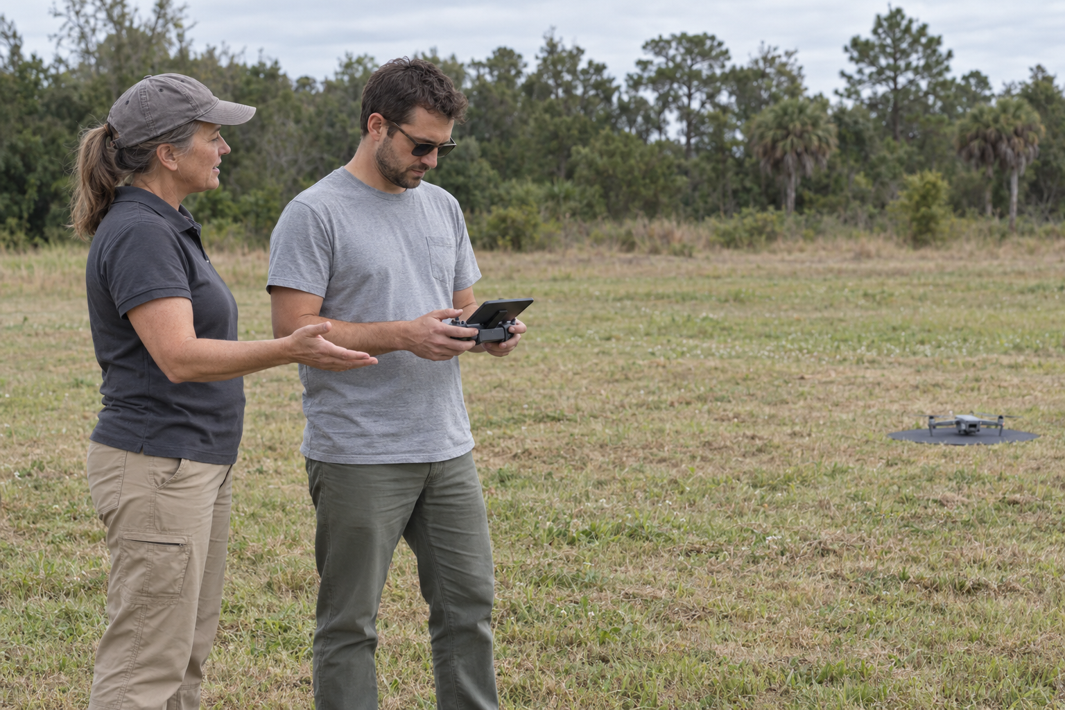 Illustrative one-to-one drone lesson with an adult learner holding a controller in an open practice field