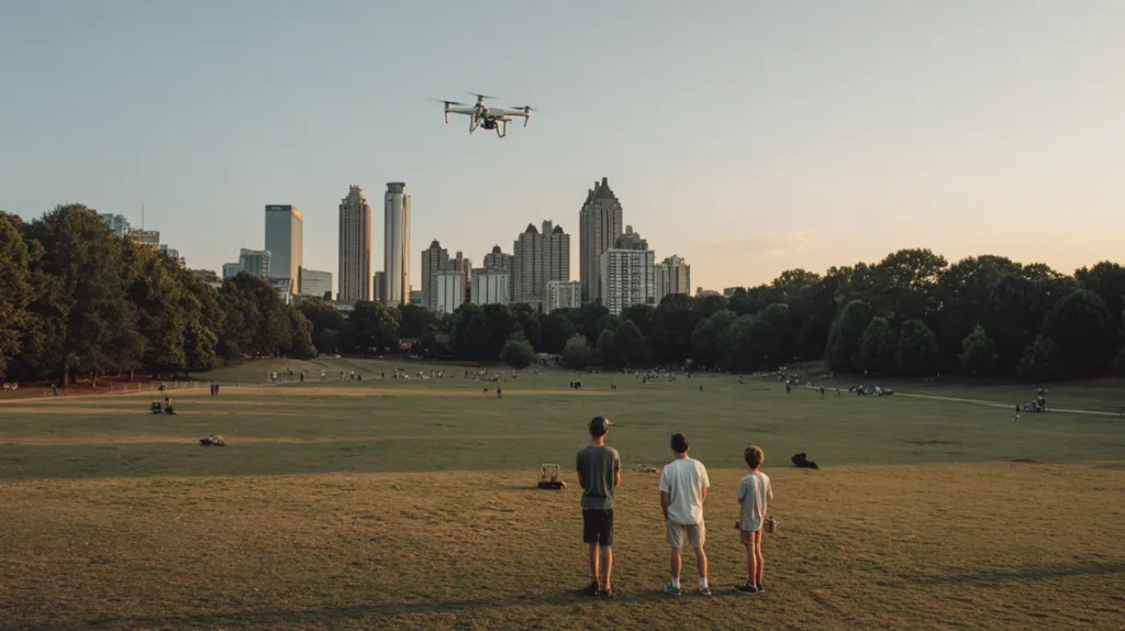 Drone instructor and two students seen from behind on a grass field with the Atlanta skyline in the distance