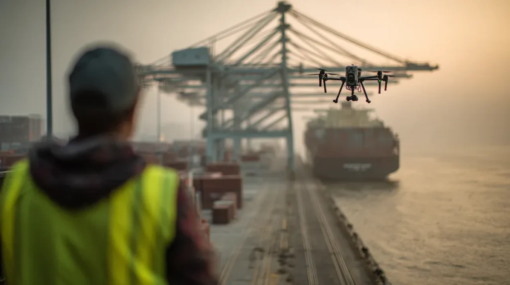 Drone operator in a hi-vis vest flying an enterprise drone near container cranes at the Port of Savannah, Georgia