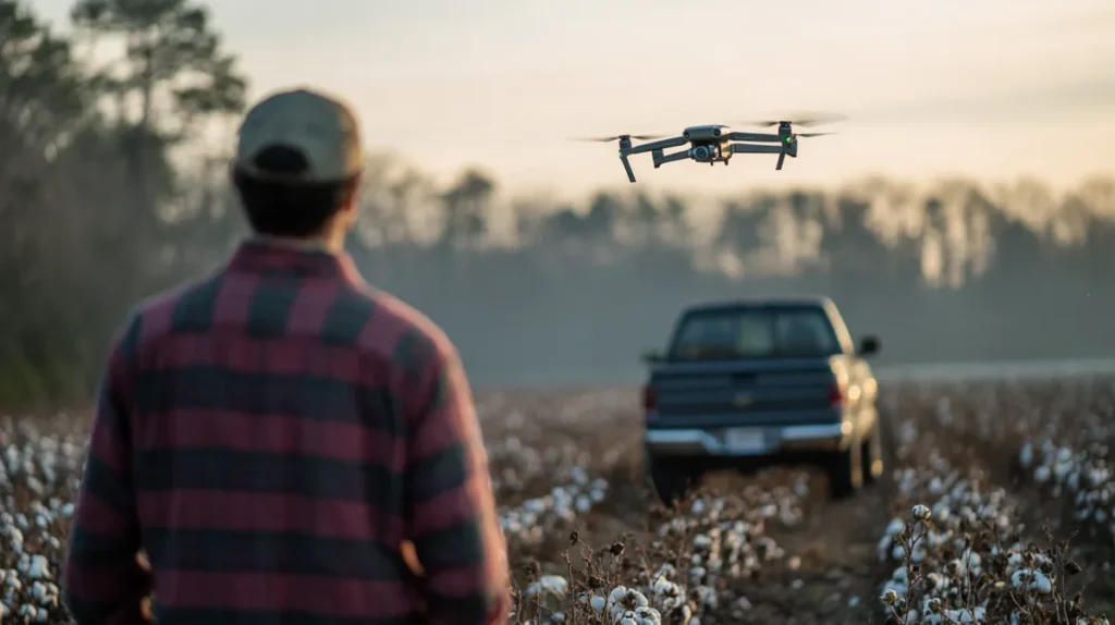 Drone pilot beside a pickup truck flying a mapping drone over a cotton field in south Georgia