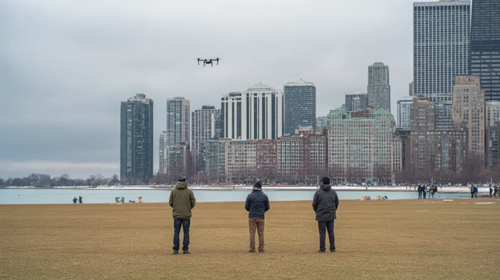 Drone instructor and two students on a lakefront lawn with the Chicago skyline across the water