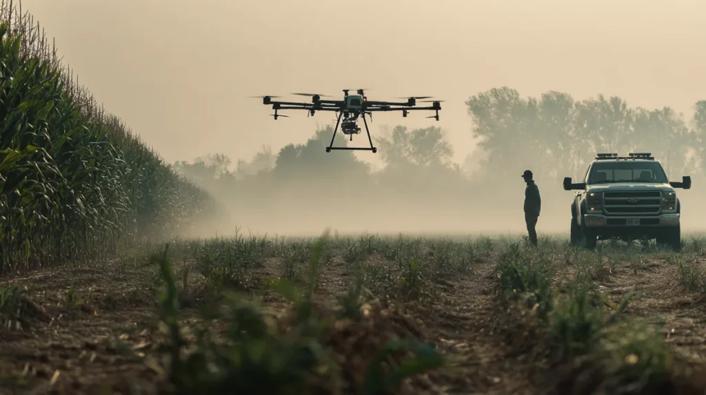 Agricultural drone flying over the edge of a cornfield in central Illinois, with the operator beside a truck