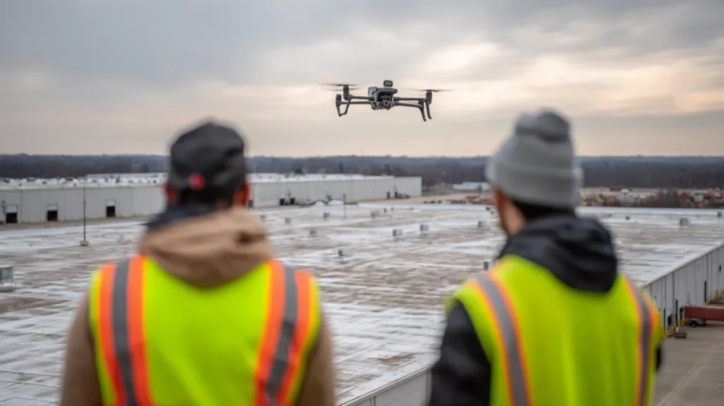 Two operators in hi-vis vests flying an inspection drone over a warehouse roof near Joliet, Illinois