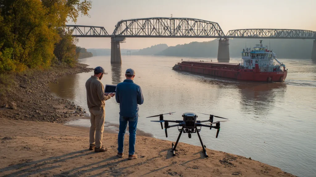 Drone pilot and visual observer running a preflight check on the riverbank beside the Ohio River in Evansville, Indiana