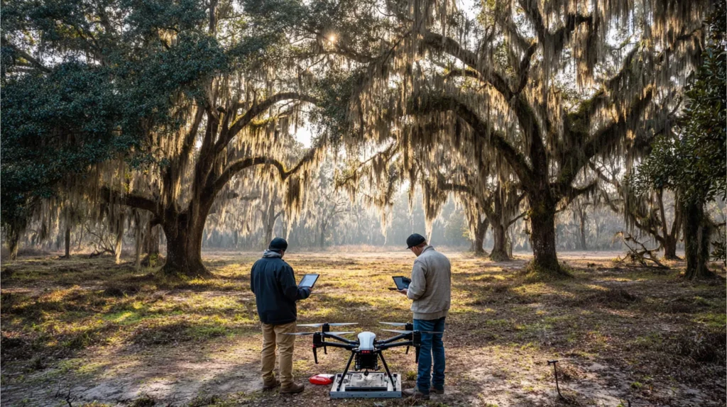 Drone pilot and visual observer seen from behind running a preflight check among live oaks draped with Spanish moss near Lafayette, Louisiana