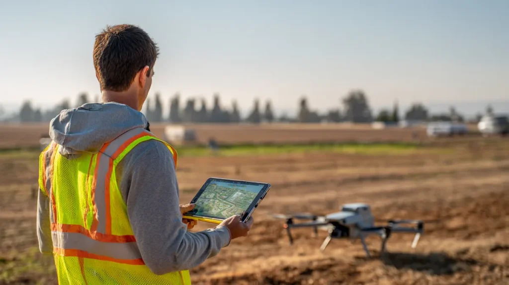 Drone pilot reviewing a LAANC airspace authorization on a tablet beside a DJI Mavic 3 Enterprise in an open field