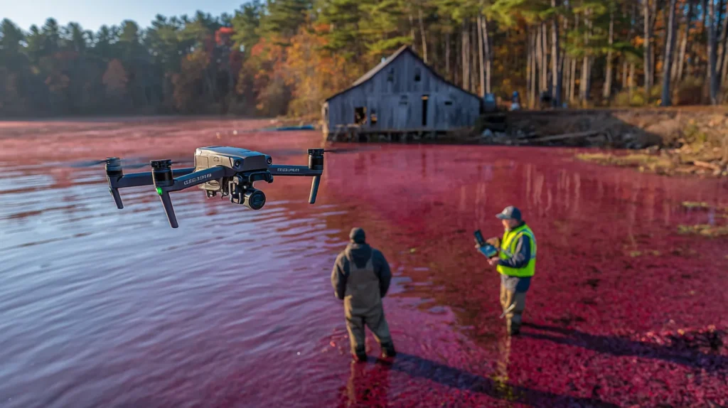 Mapping drone flying over a flooded cranberry bog during harvest in southeastern Massachusetts