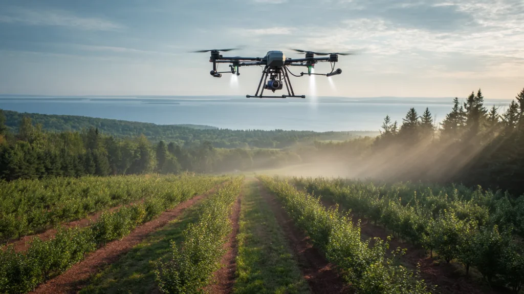 Agricultural spray drone flying over cherry orchard rows near Grand Traverse Bay in northern Michigan