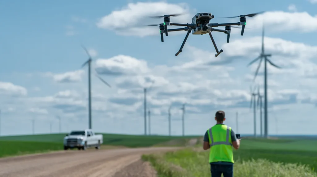 Inspection drone flying near wind turbines above farm fields in southwest Minnesota
