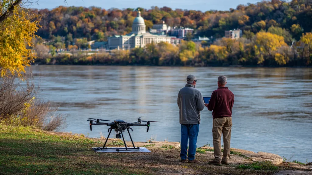 Drone pilot and visual observer running a preflight check beside the Missouri River across from the State Capitol in Jefferson City, Missouri