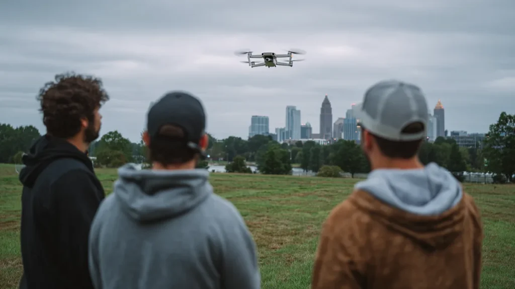Drone instructor with two students on a training field outside Charlotte, North Carolina