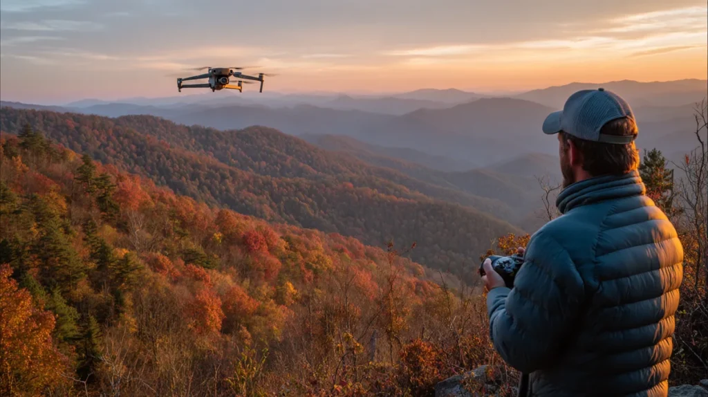 Drone pilot flying over autumn mountain ridges at golden hour in western North Carolina