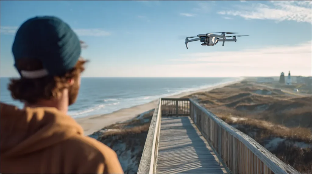 Drone pilot on an Outer Banks boardwalk flying over dunes and beach, with a lighthouse in the distance