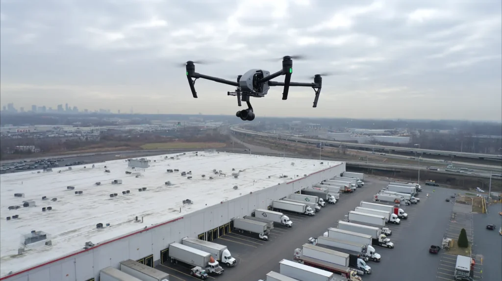 Inspection drone flying over the roof of a large distribution warehouse in central New Jersey