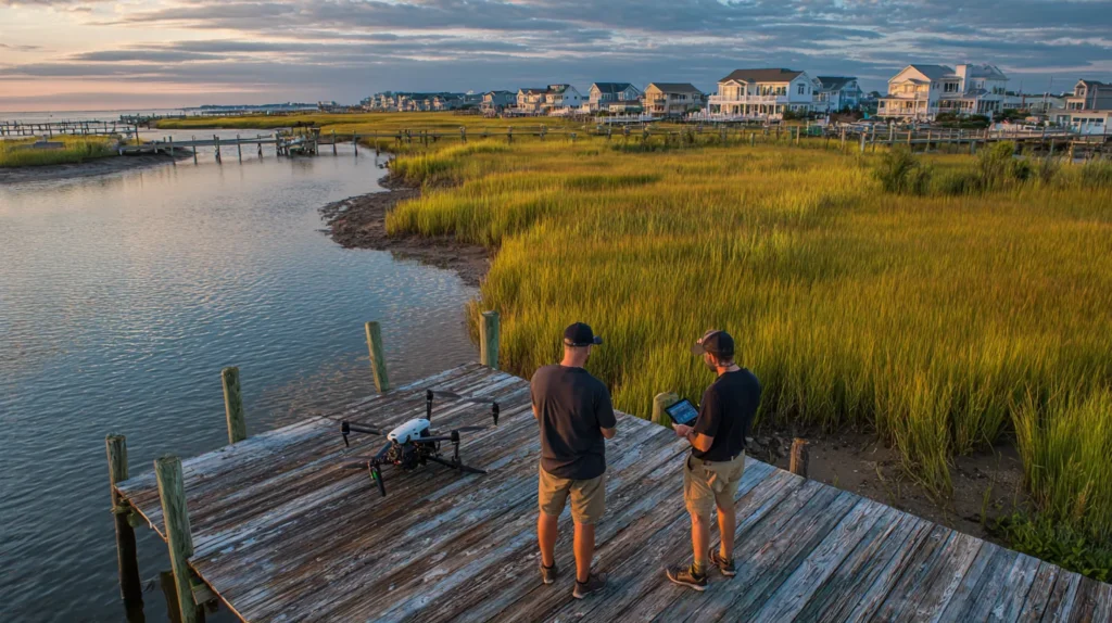 Drone pilot and visual observer preparing a flight on a bayside dock beside the salt marsh of Barnegat Bay, New Jersey